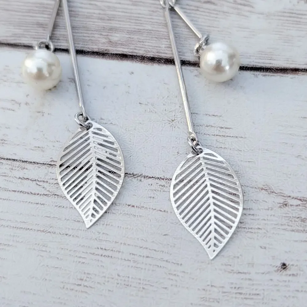 Vintage Dangle Earrings Faux Pearl & Leaf Long Dangle for Pierced Ears 925 Hooks